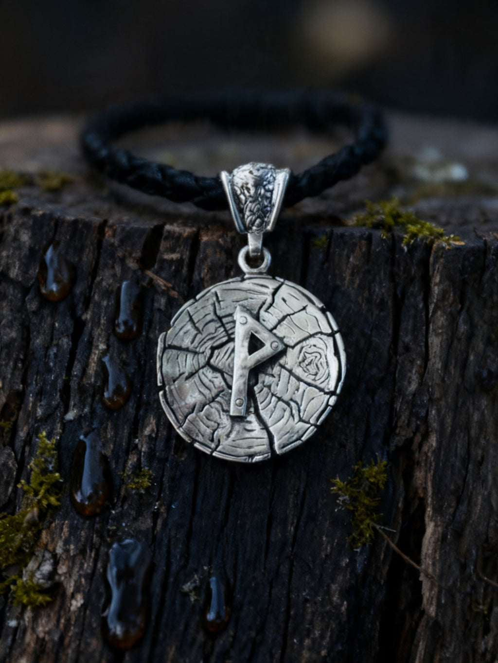 Wunjo Rune Amulet on Oak Wood-Slice, Sterling Silver 925 — Pendant