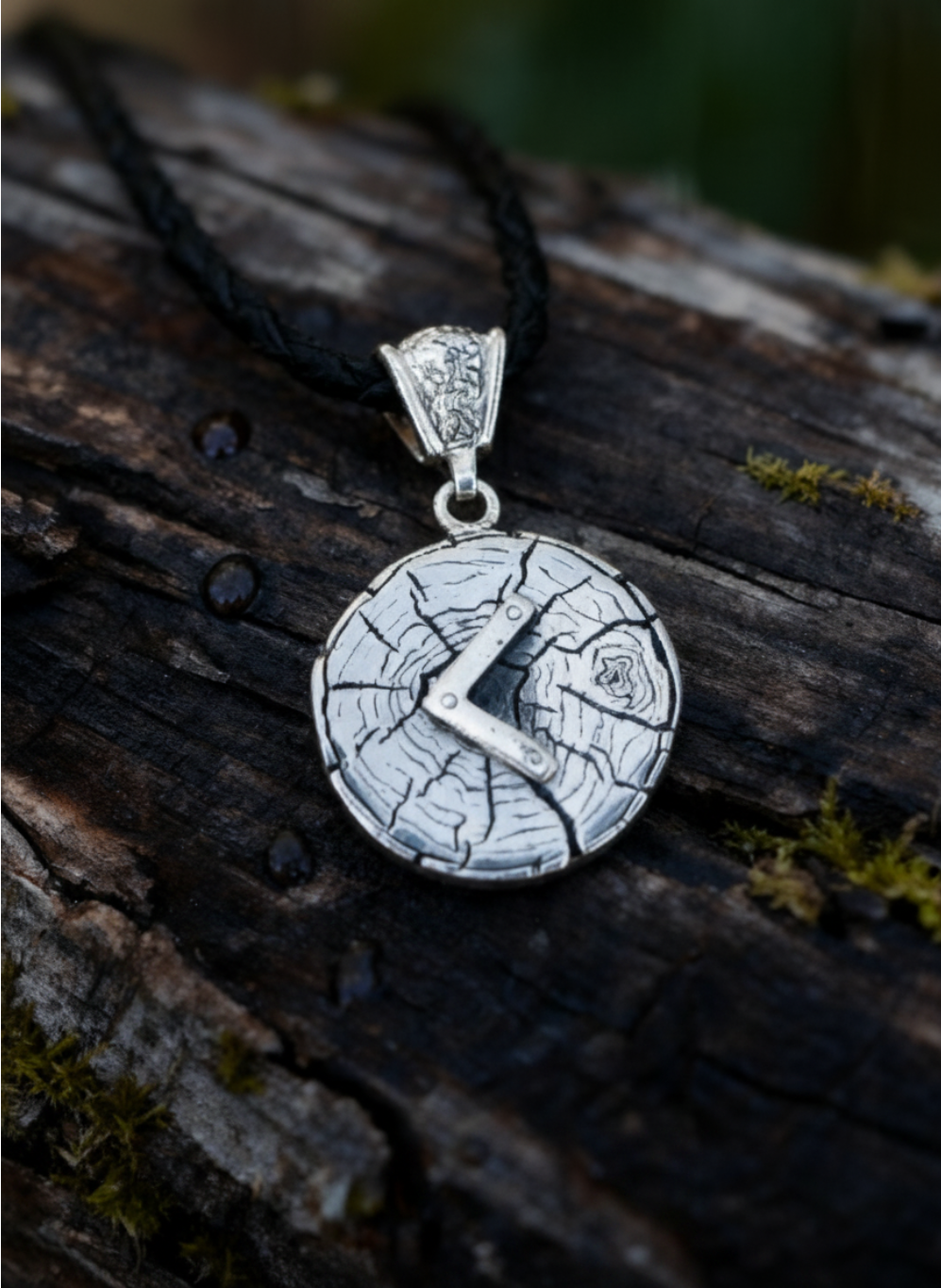 Kenaz Rune Amulet on Oak Wood-Slice, Sterling Silver 925 — Pendant