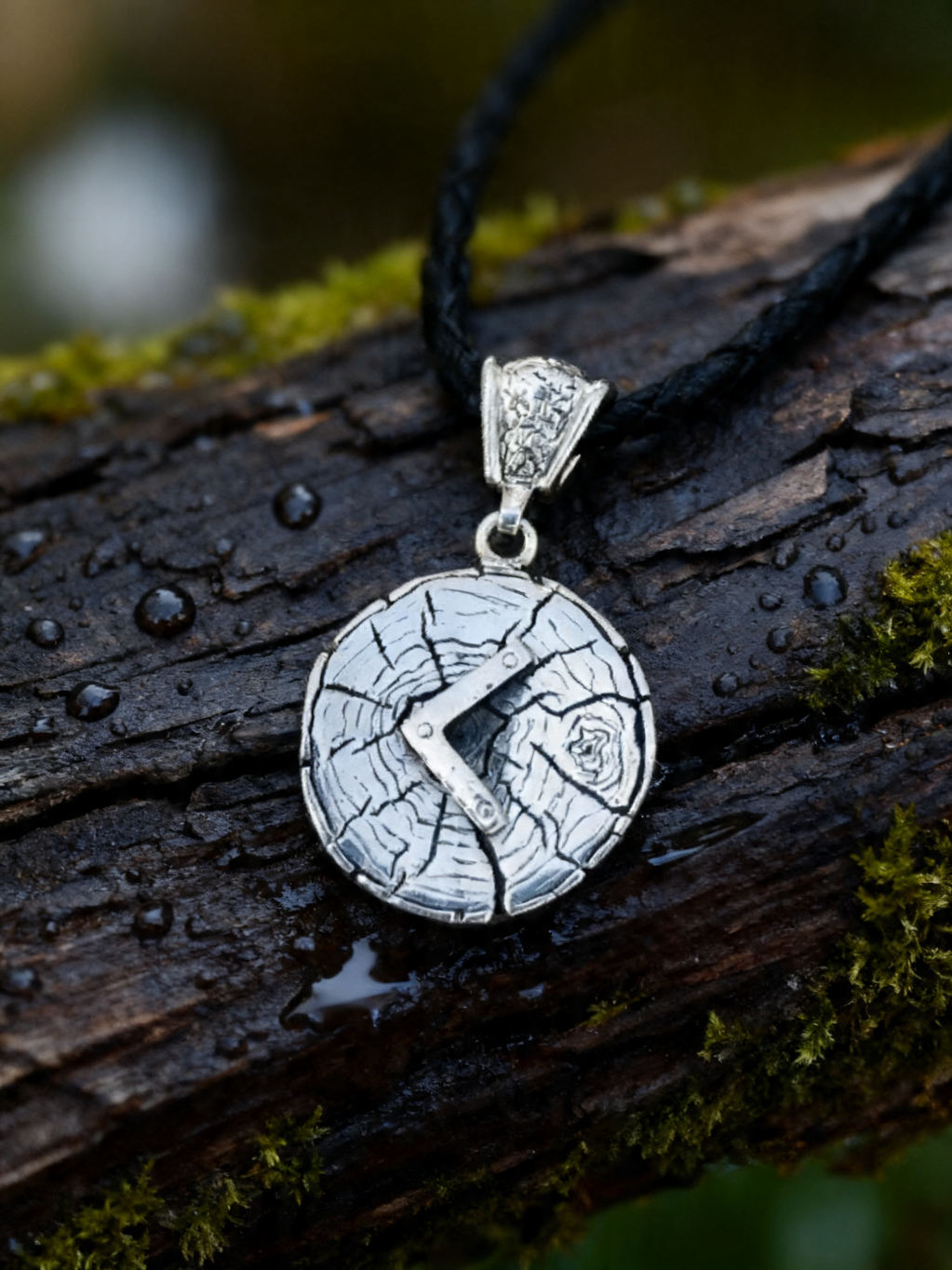 Kenaz Rune Amulet on Oak Wood-Slice, Sterling Silver 925 — Pendant