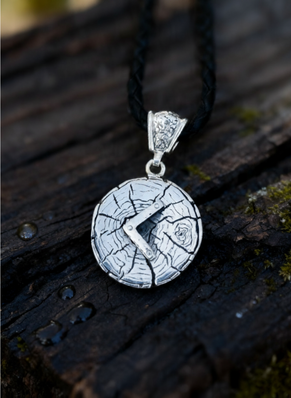 Kenaz Rune Amulet on Oak Wood-Slice, Sterling Silver 925 — Pendant