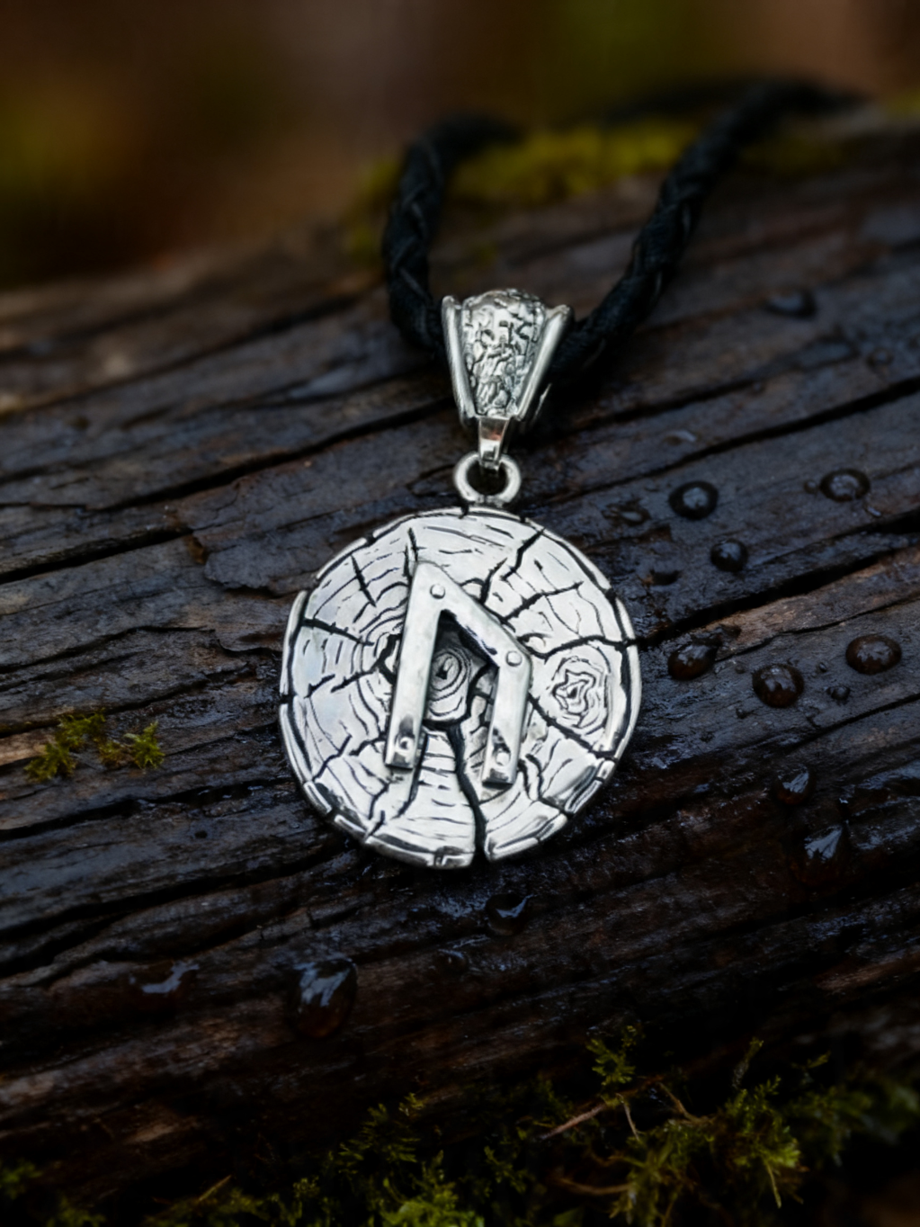 Uruz Rune Amulet on Oak Wood-Slice, Sterling Silver 925 — Pendant