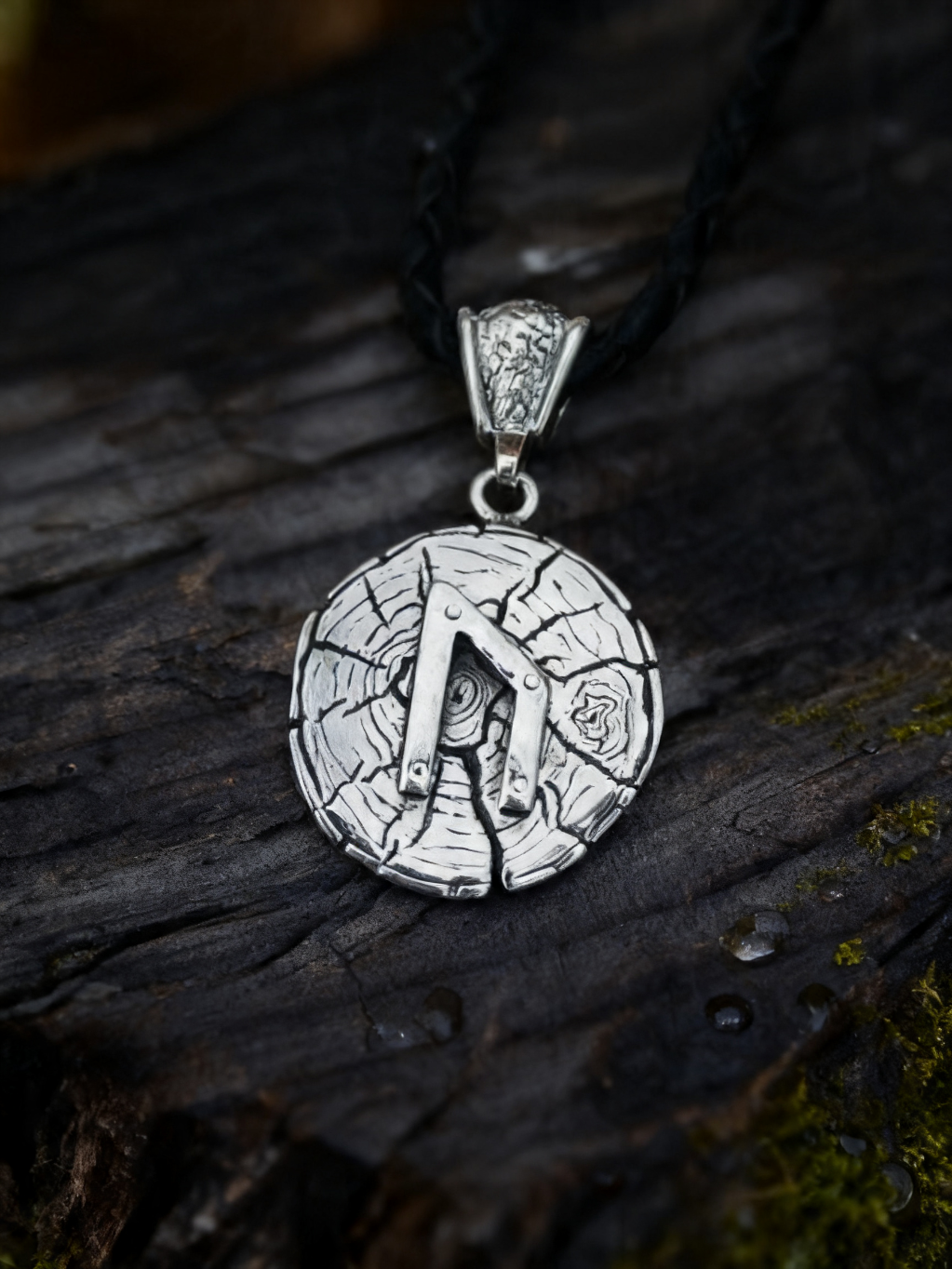 Uruz Rune Amulet on Oak Wood-Slice, Sterling Silver 925 — Pendant