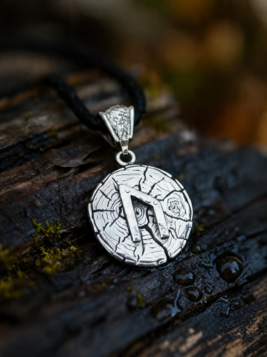 Uruz Rune Amulet on Oak Wood-Slice, Sterling Silver 925 — Pendant