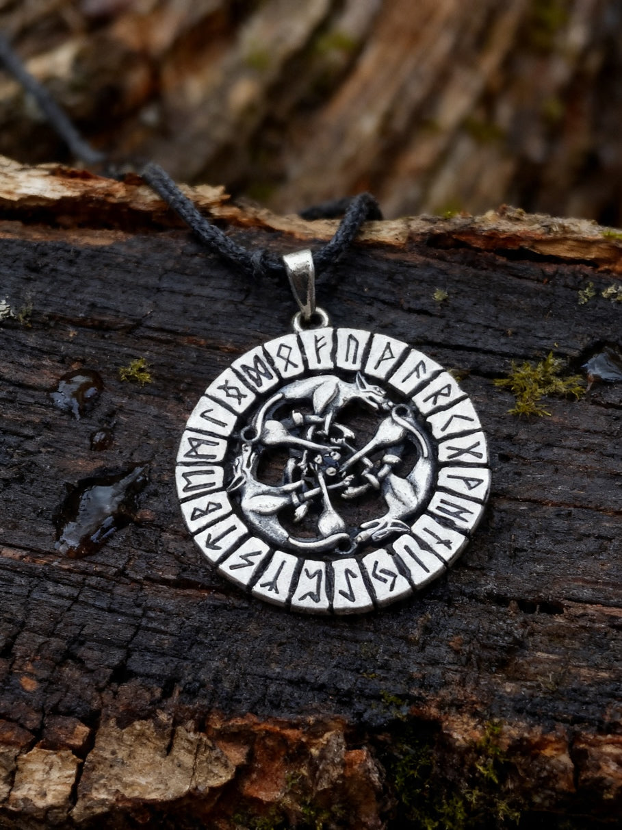 Wolf Pack Amulet in Futhark, Sterling Silver 925 — Viking Pendant