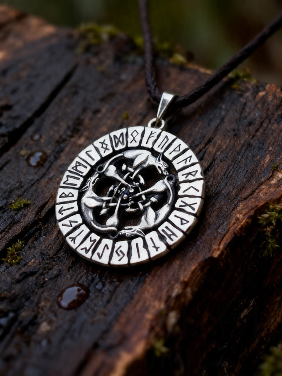 Wolf Pack Amulet in Futhark, Sterling Silver 925 — Viking Pendant