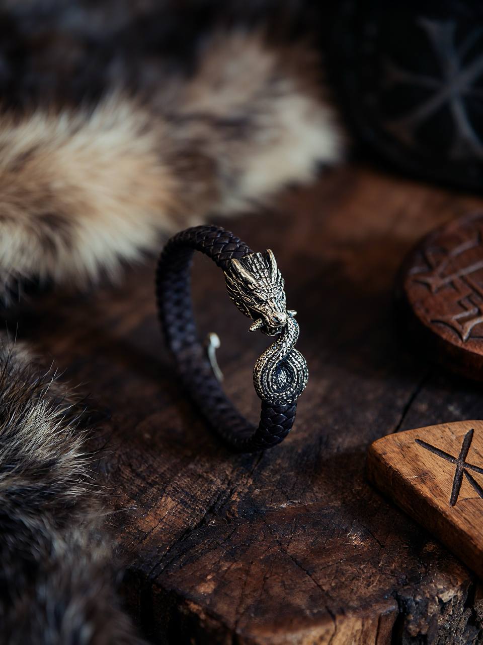 Jormungandr Bracelet, Natural Leather and Bronze