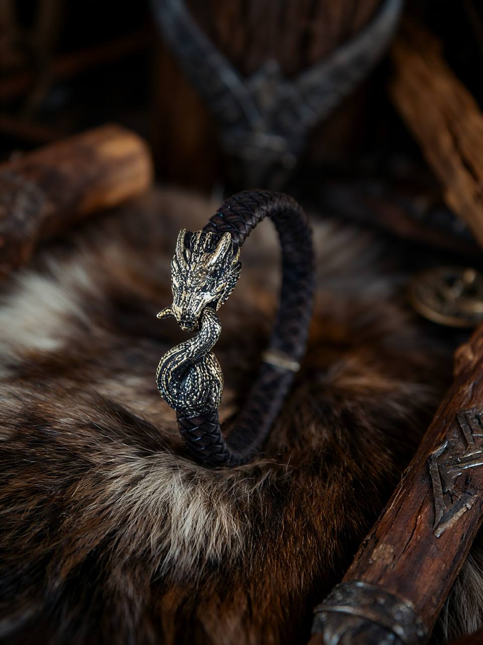 Jormungandr Bracelet, Natural Leather and Bronze