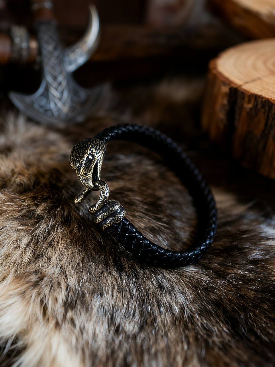 Falcon and Snake Bracelet, Natural Leather and Bronze