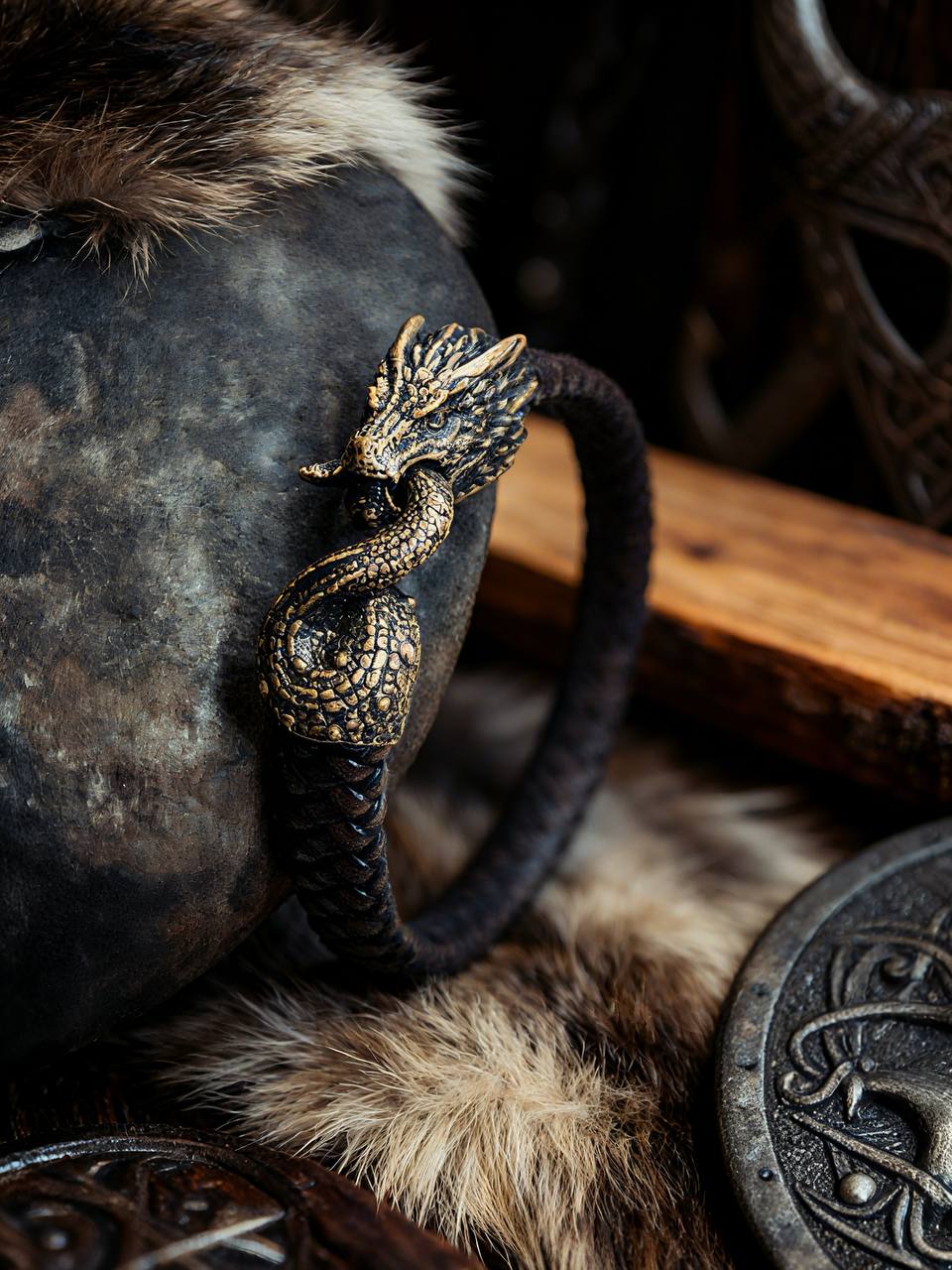 Jormungandr Bracelet, Natural Leather and Bronze