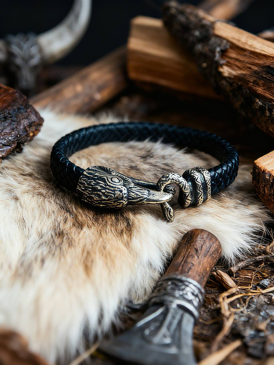 Raven and Snake Bracelet, Natural Leather and Bronze