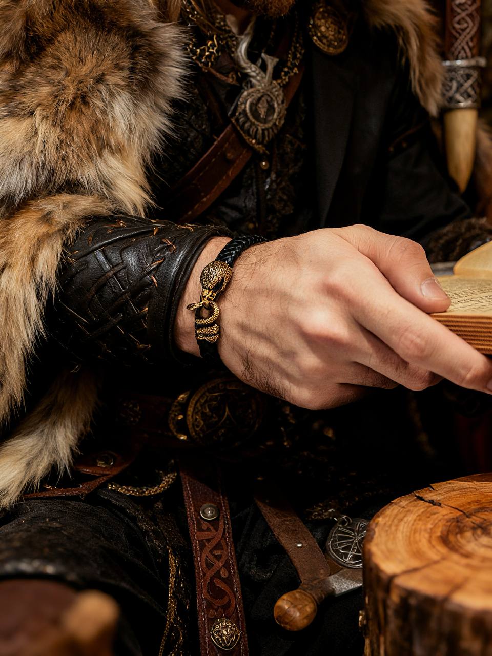 Falcon and Snake Bracelet, Natural Leather and Bronze