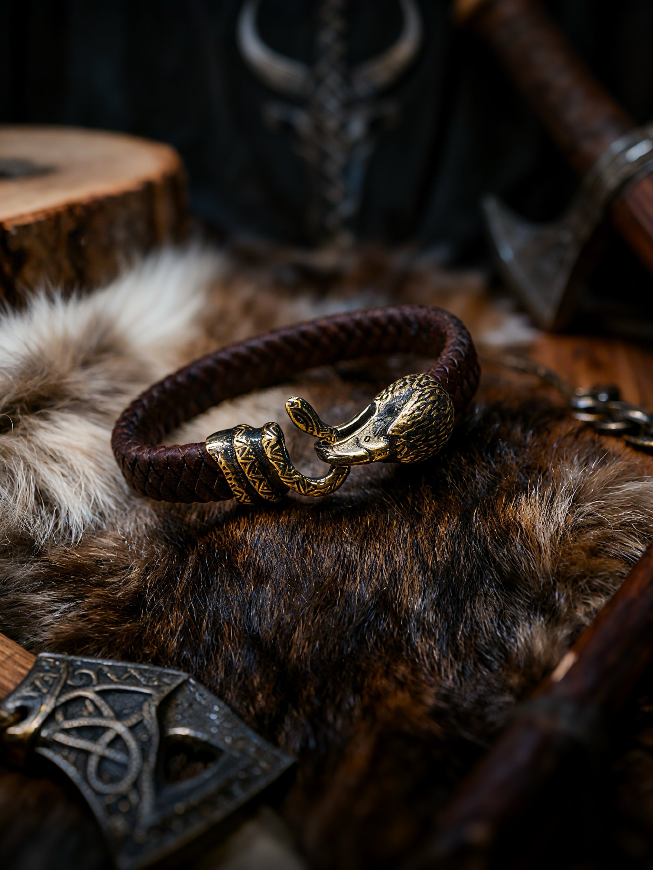 Falcon and Snake Bracelet, Natural Leather and Bronze