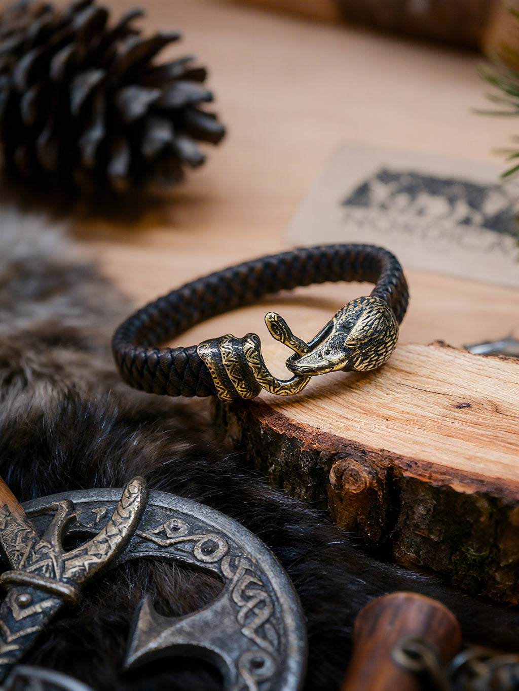 Falcon and Snake Bracelet, Natural Leather and Bronze