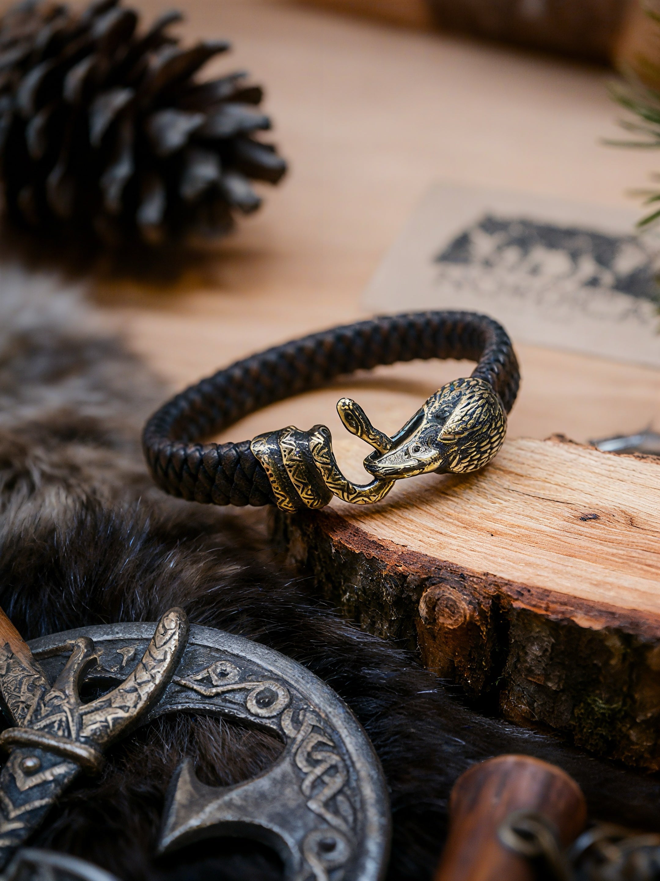 Falcon and Snake Bracelet, Natural Leather and Bronze