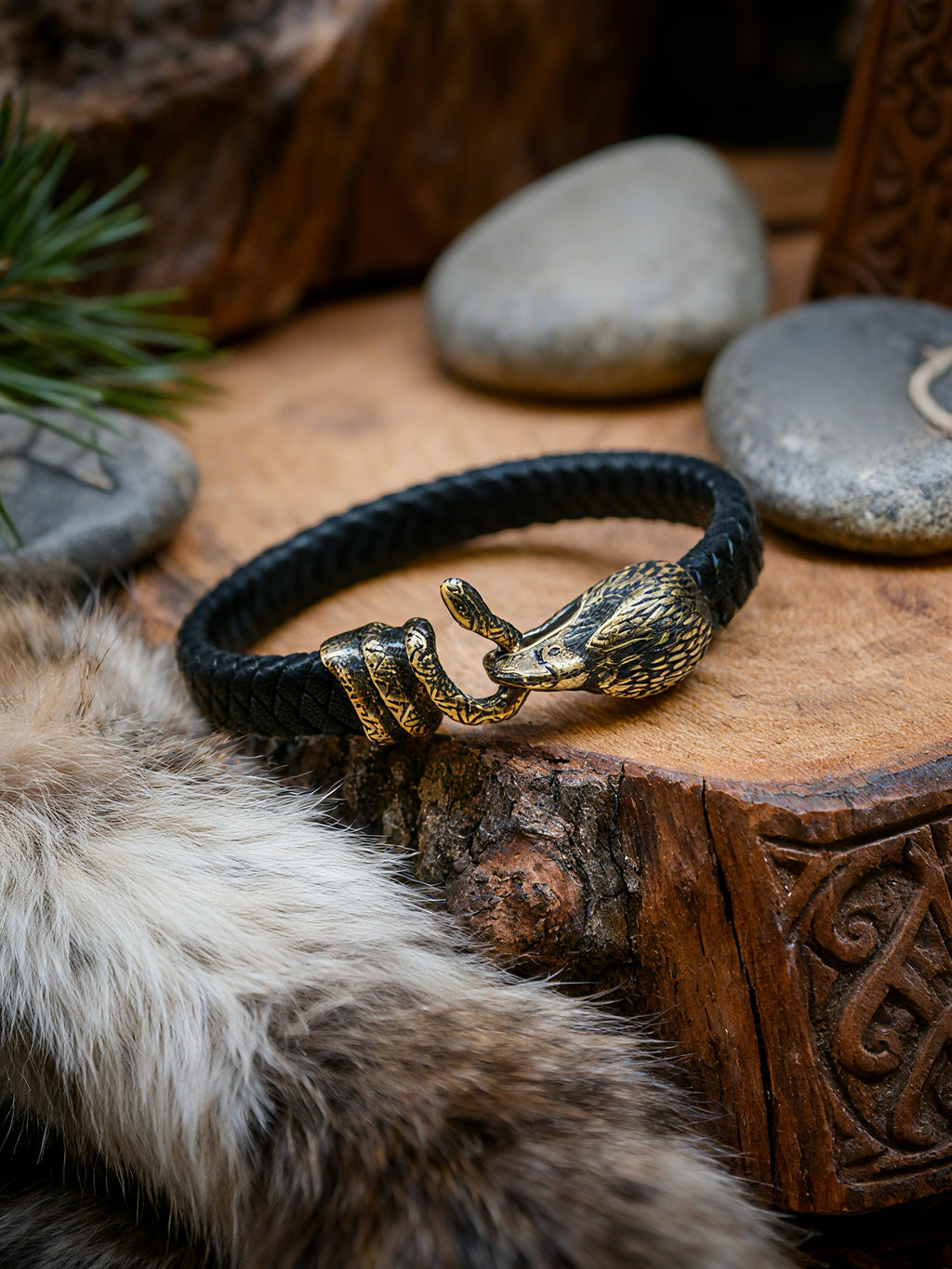 Falcon and Snake Bracelet, Natural Leather and Bronze