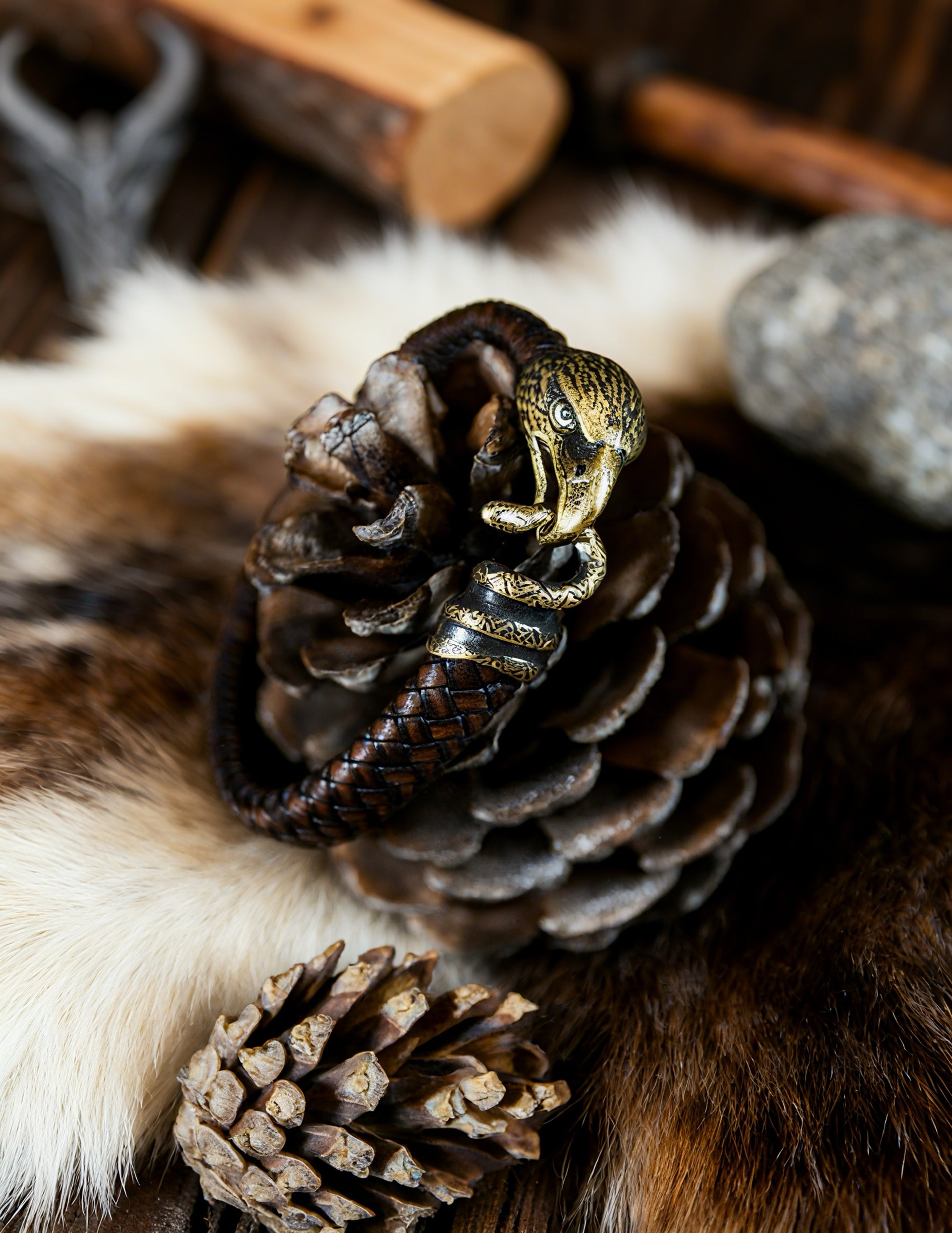 Falcon and Snake Bracelet, Natural Leather and Bronze