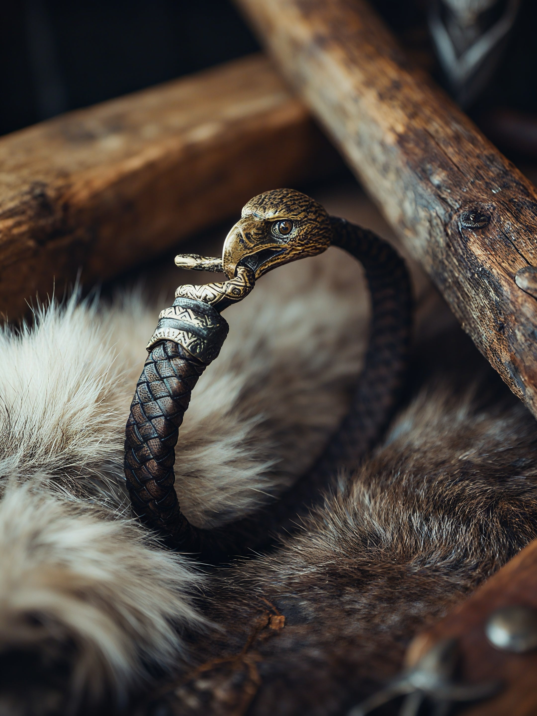 Falcon and Snake Bracelet, Natural Leather and Bronze