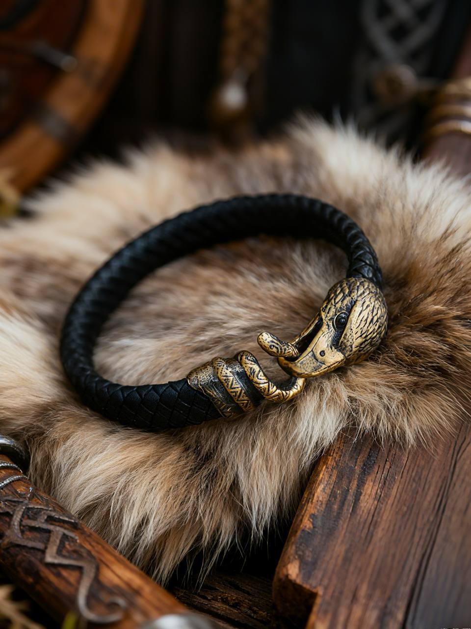 Falcon and Snake Bracelet, Natural Leather and Bronze