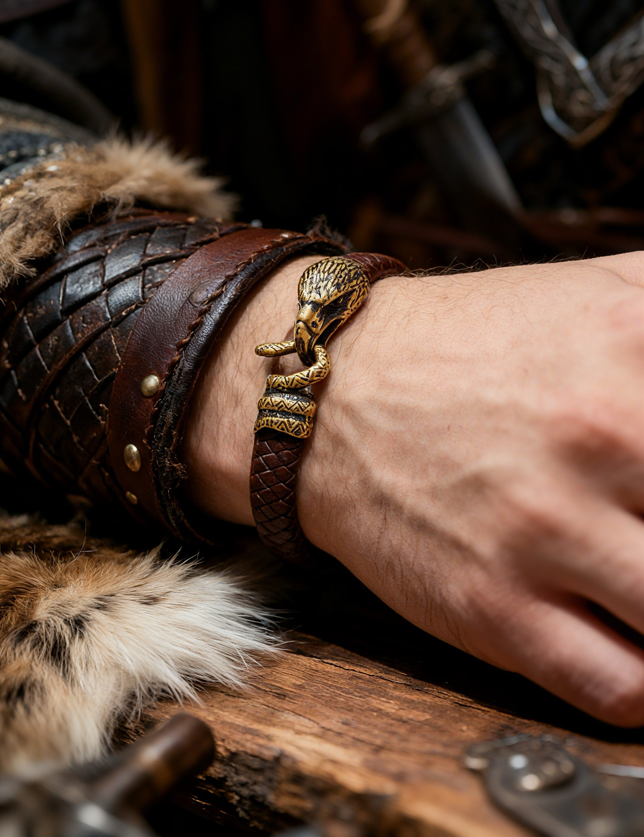 Falcon and Snake Bracelet, Natural Leather and Bronze