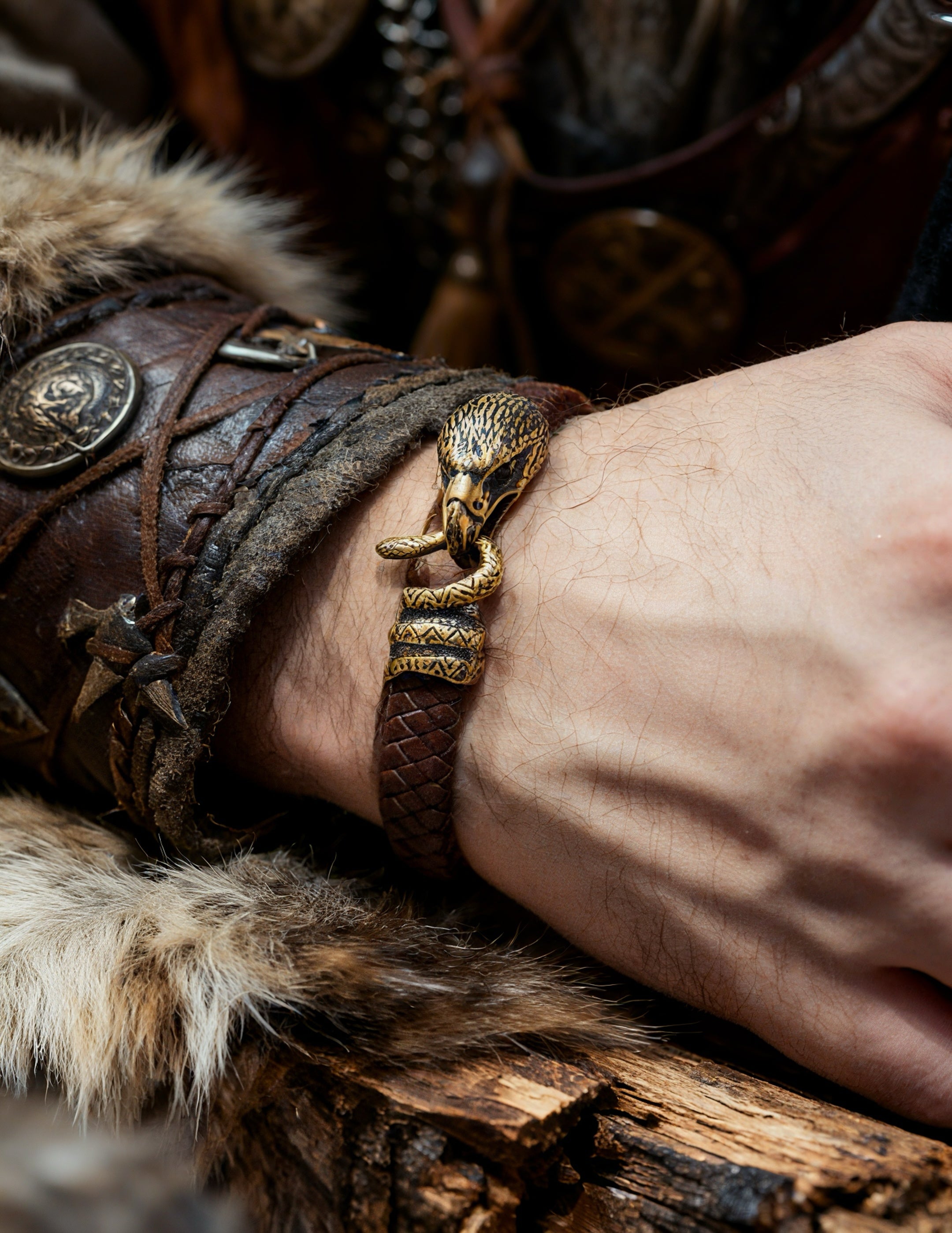 Falcon and Snake Bracelet, Natural Leather and Bronze