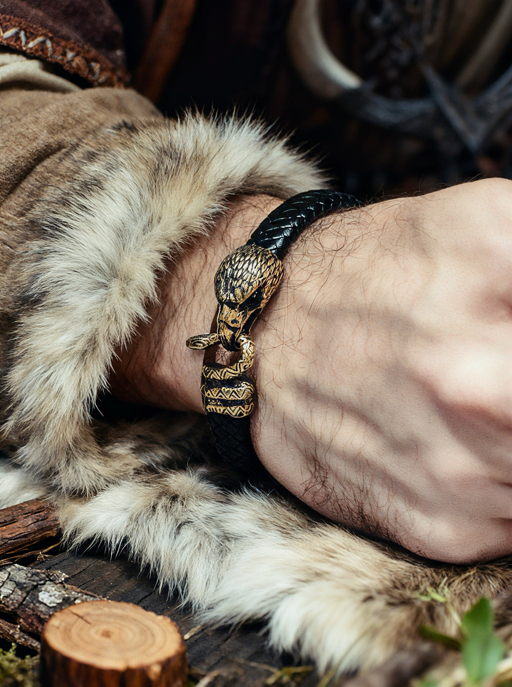 Falcon and Snake Bracelet, Natural Leather and Bronze