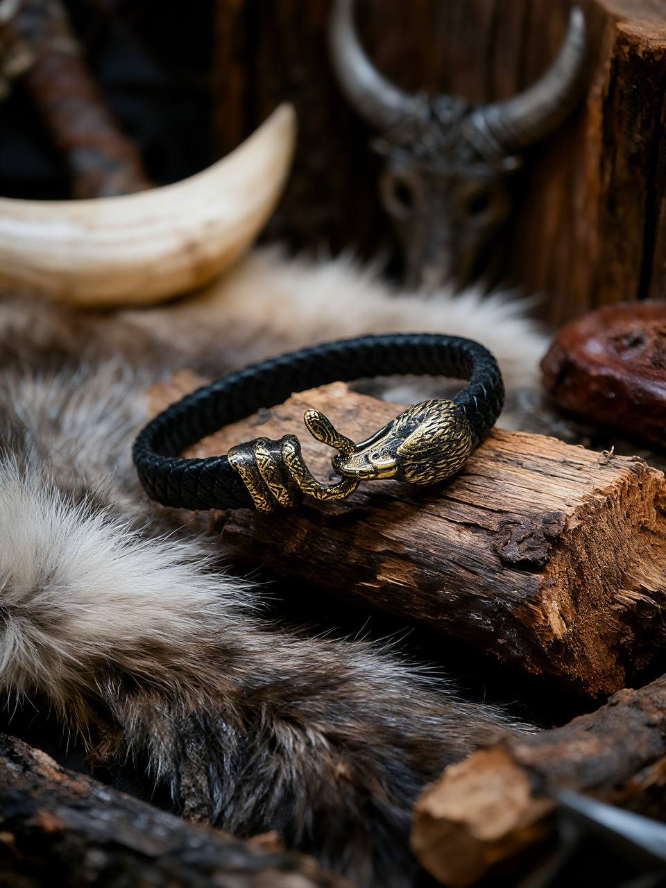 Falcon and Snake Bracelet, Natural Leather and Bronze
