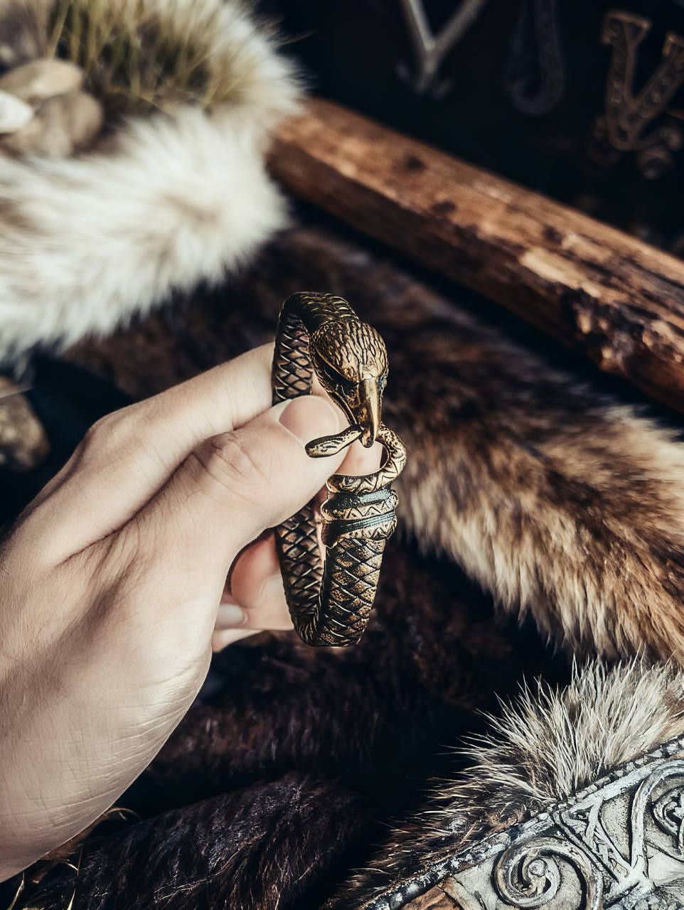 Falcon and Snake Bracelet, Natural Leather and Bronze