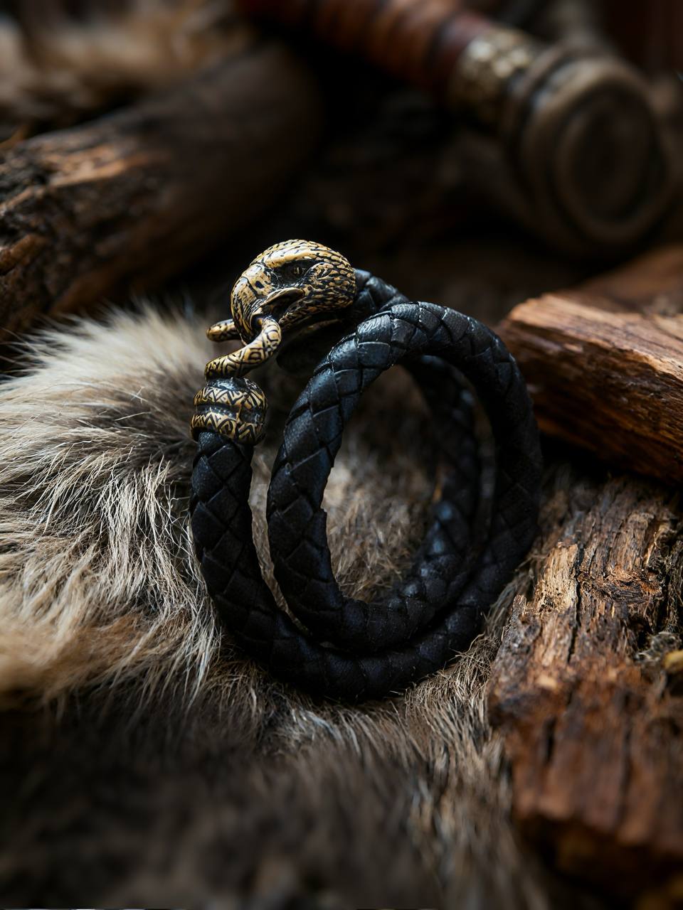 Falcon and Snake, Double-Wrap Bracelet, Natural Leather and Bronze