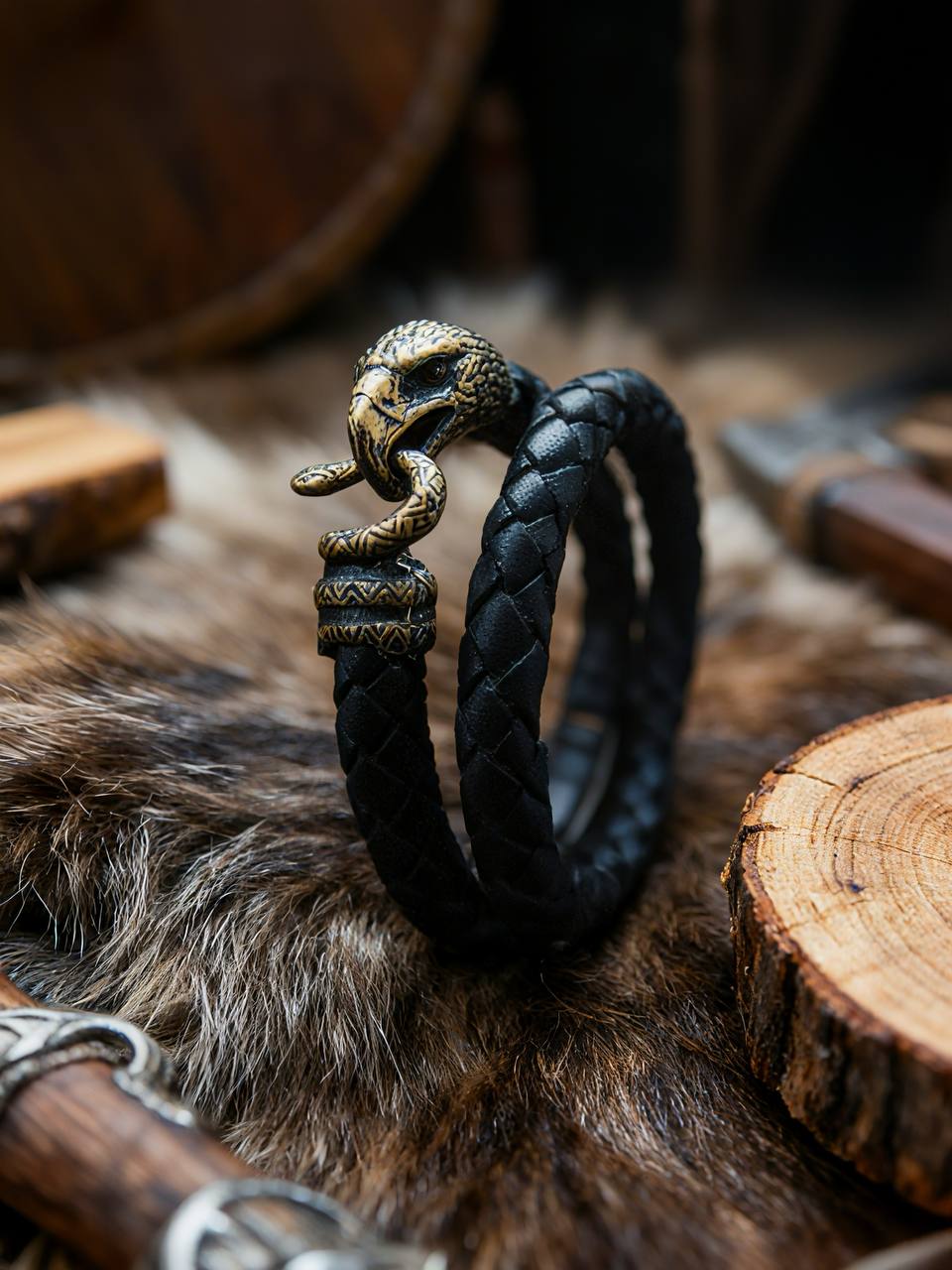 Falcon and Snake, Double-Wrap Bracelet, Natural Leather and Bronze