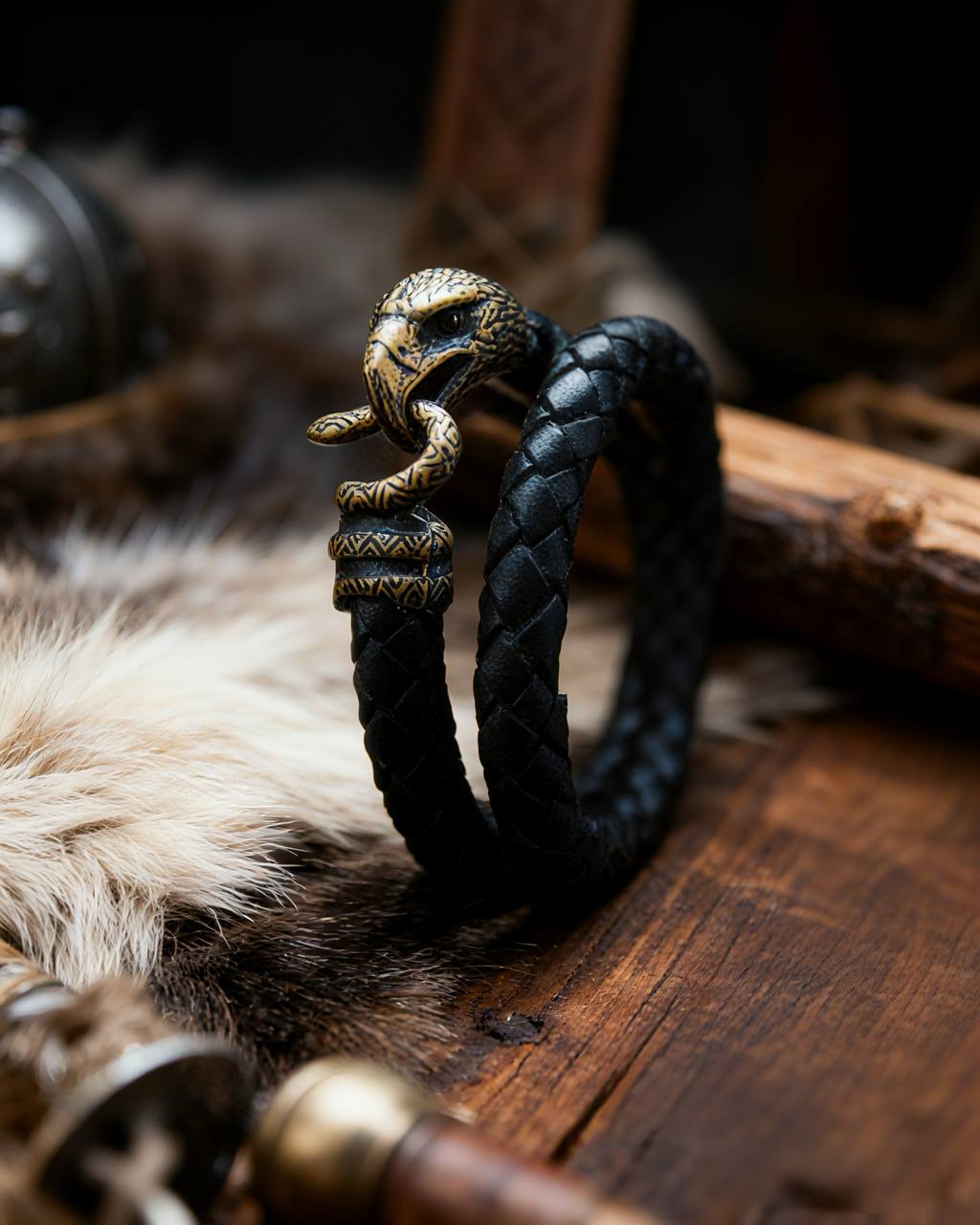 Falcon and Snake, Double-Wrap Bracelet, Natural Leather and Bronze