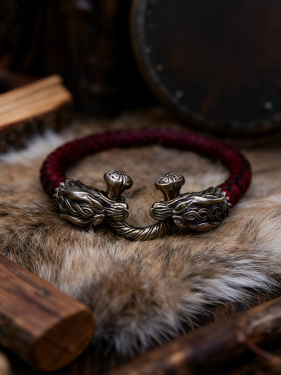 Scandinavian Wolves Bracelet, Natural Leather and Bronze