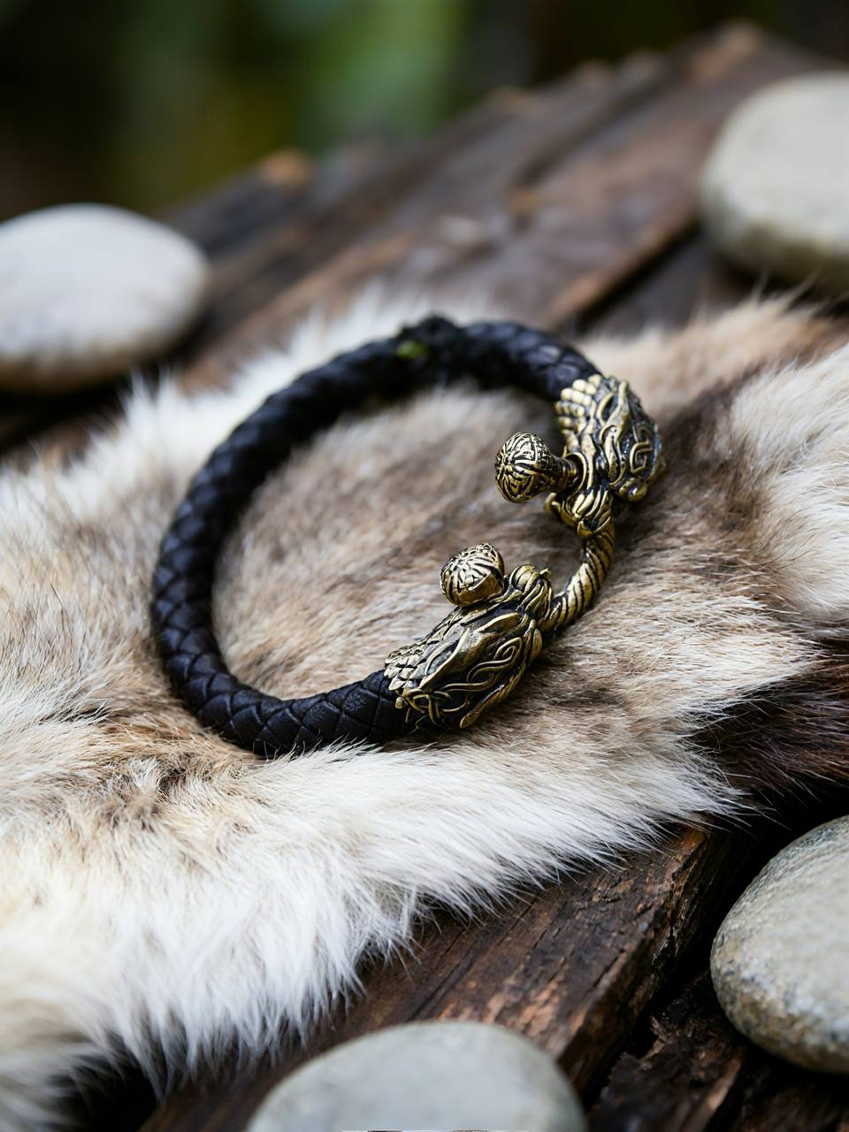 Scandinavian Wolves Bracelet, Natural Leather and Bronze