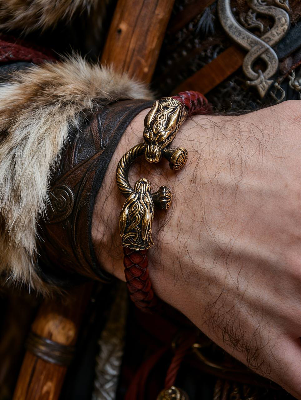 Scandinavian Wolves Bracelet, Natural Leather and Bronze