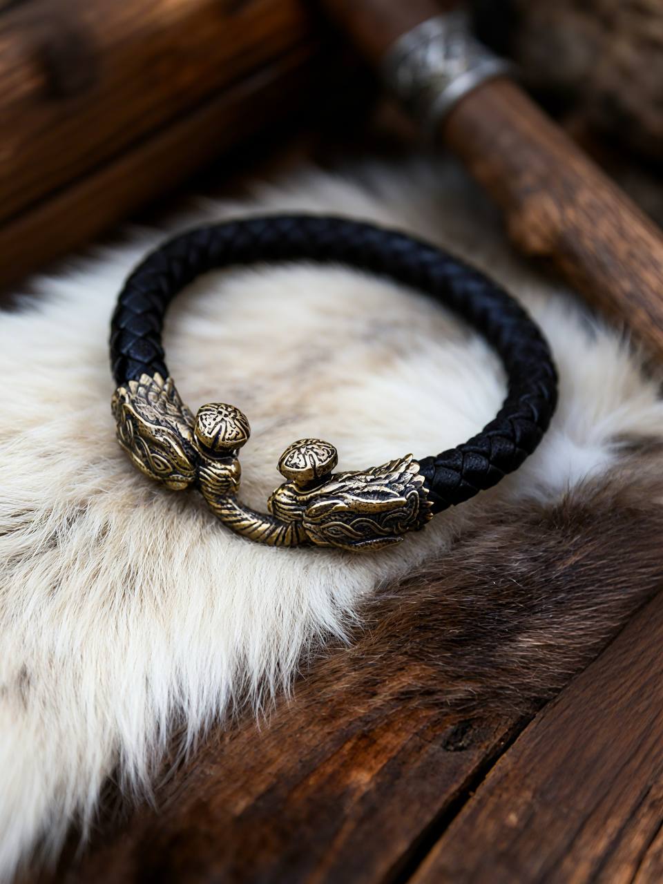 Scandinavian Wolves Bracelet, Natural Leather and Bronze
