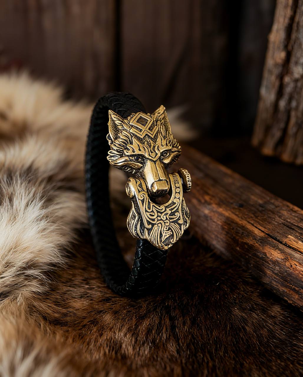 Wolf with Odal Rune Bracelet, Natural Leather and Bronze