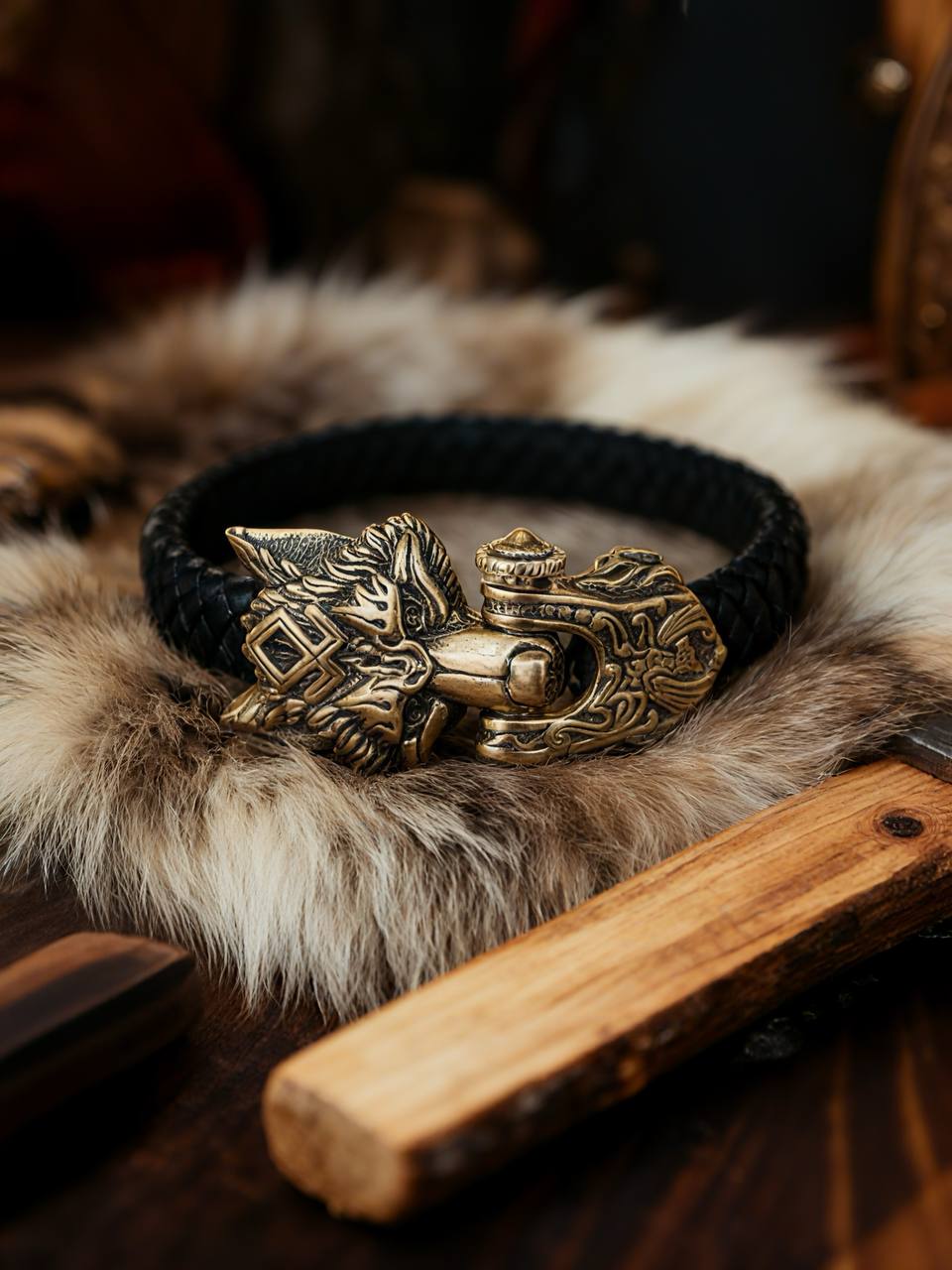 Wolf with Odal Rune Bracelet, Natural Leather and Bronze