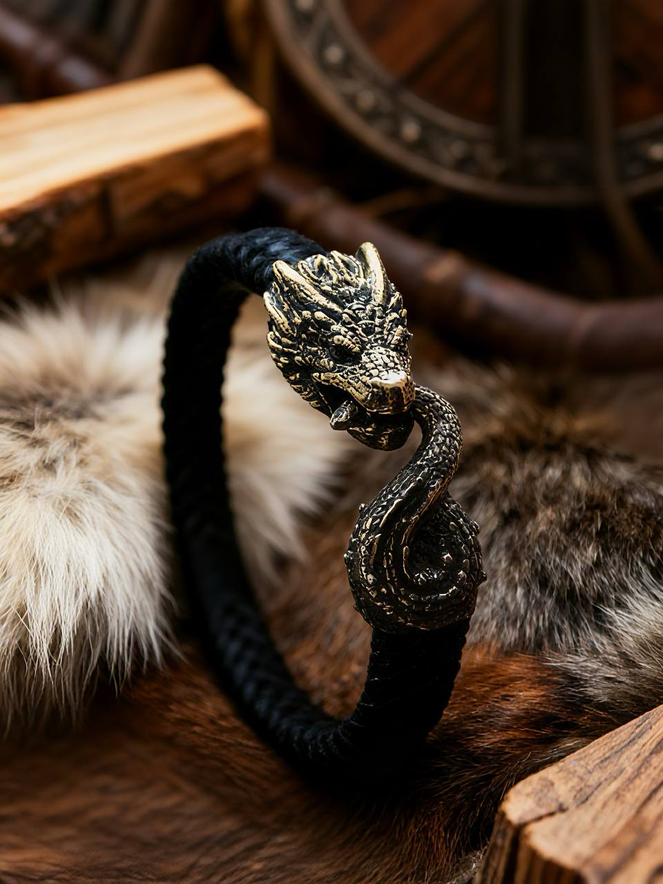 Jormungandr Bracelet, Natural Leather and Bronze