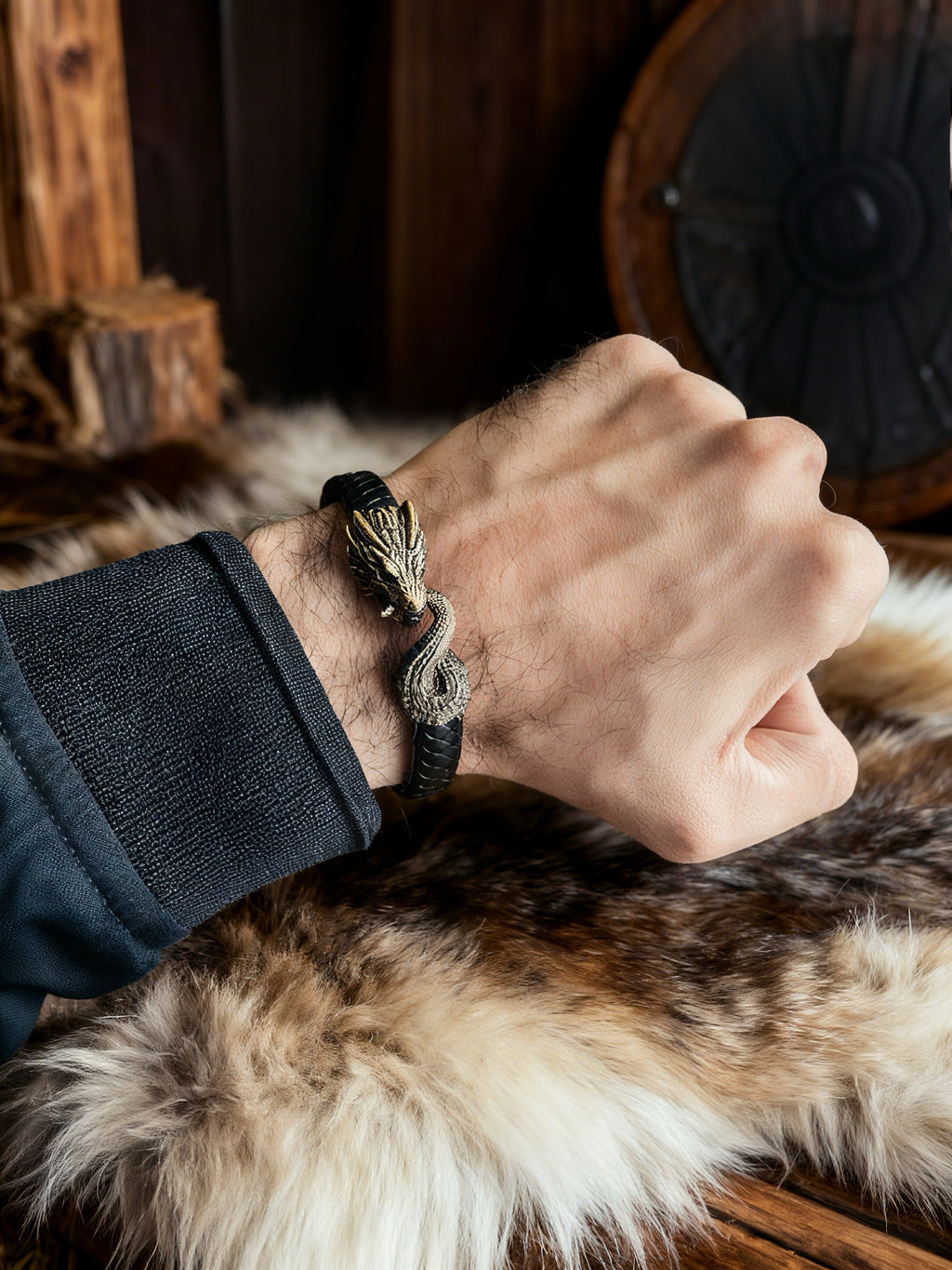 Jormungandr Bracelet, Natural Leather and Bronze