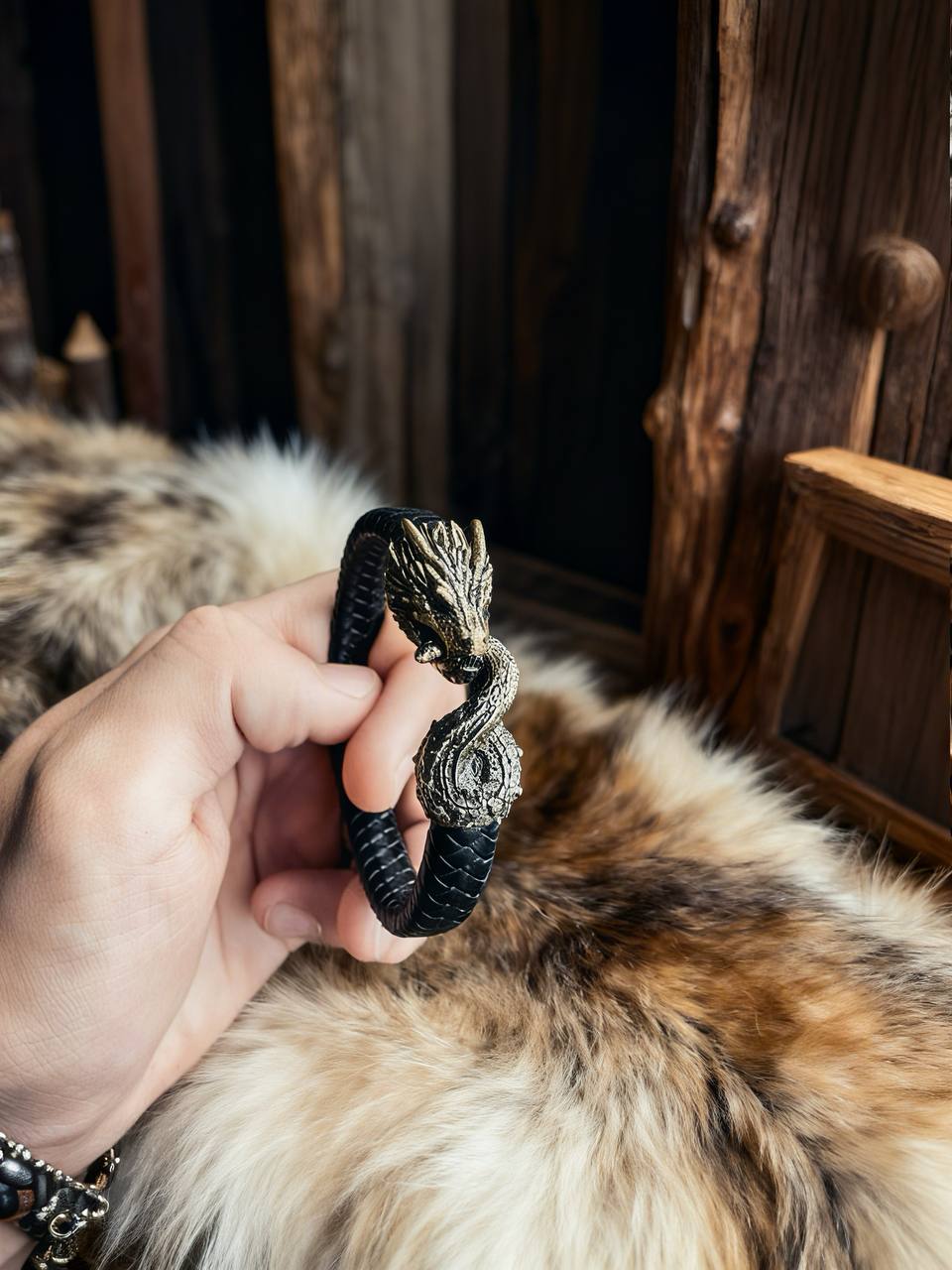 Jormungandr Bracelet, Natural Leather and Bronze