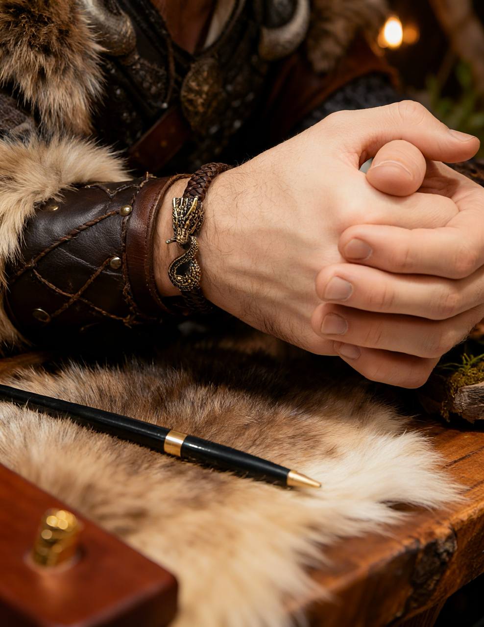 Jormungandr Bracelet, Natural Leather and Bronze
