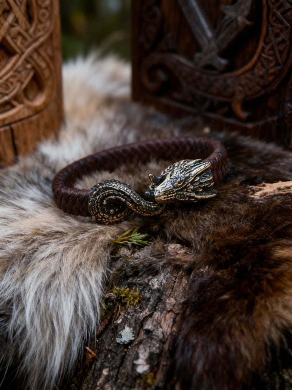 Jormungandr Bracelet, Natural Leather and Bronze