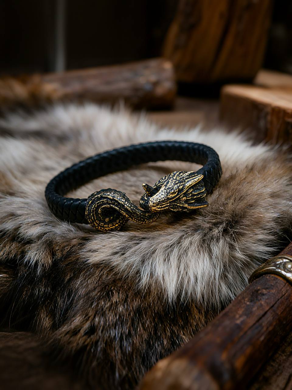 Jormungandr Bracelet, Natural Leather and Bronze