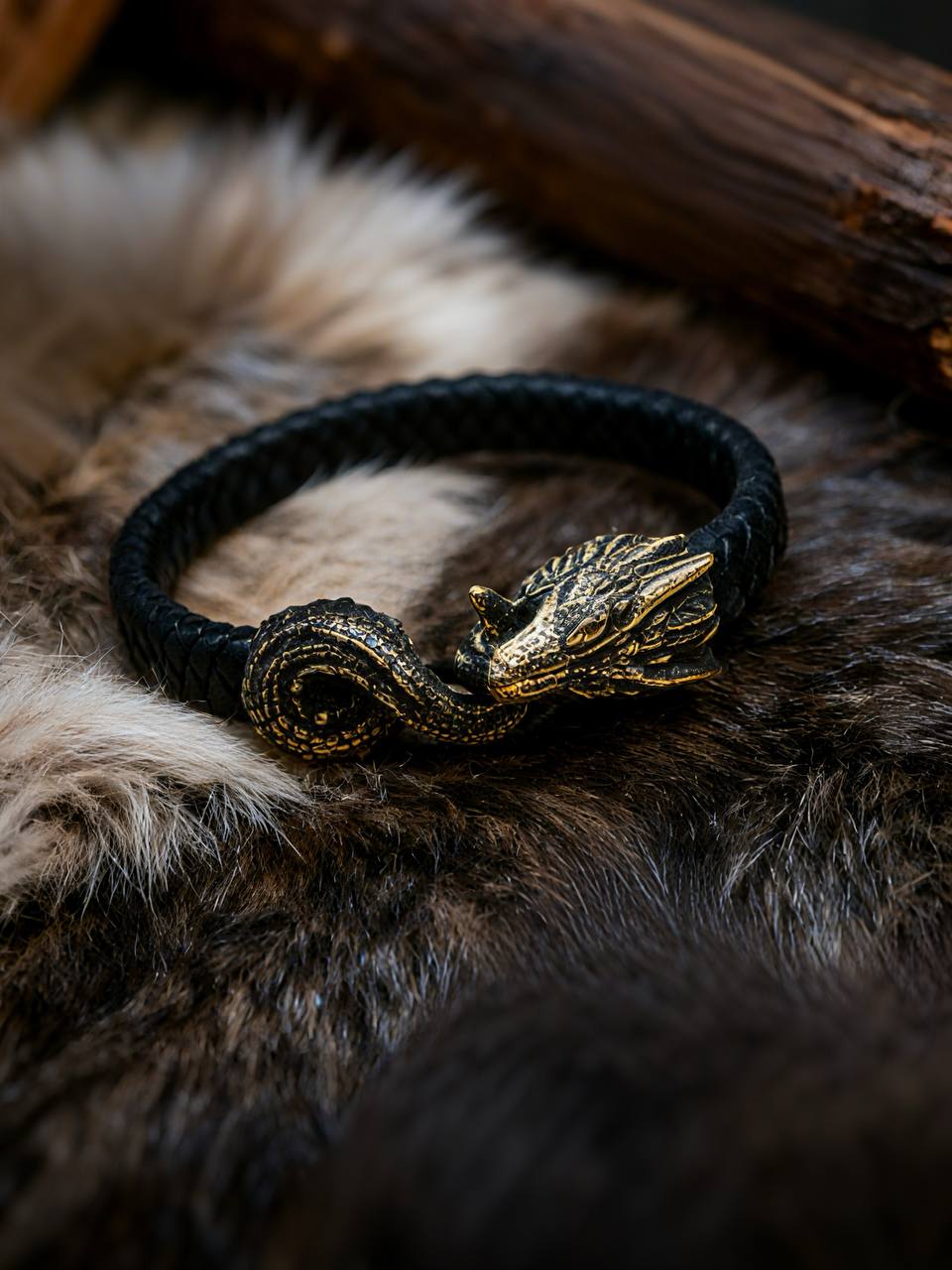 Jormungandr Bracelet, Natural Leather and Bronze