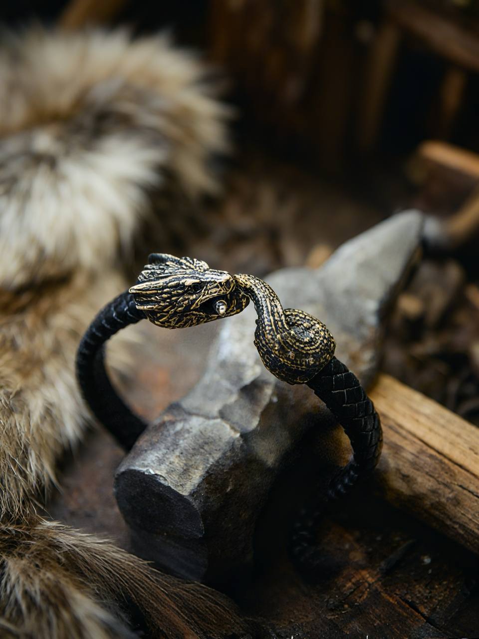 Jormungandr Bracelet, Natural Leather and Bronze