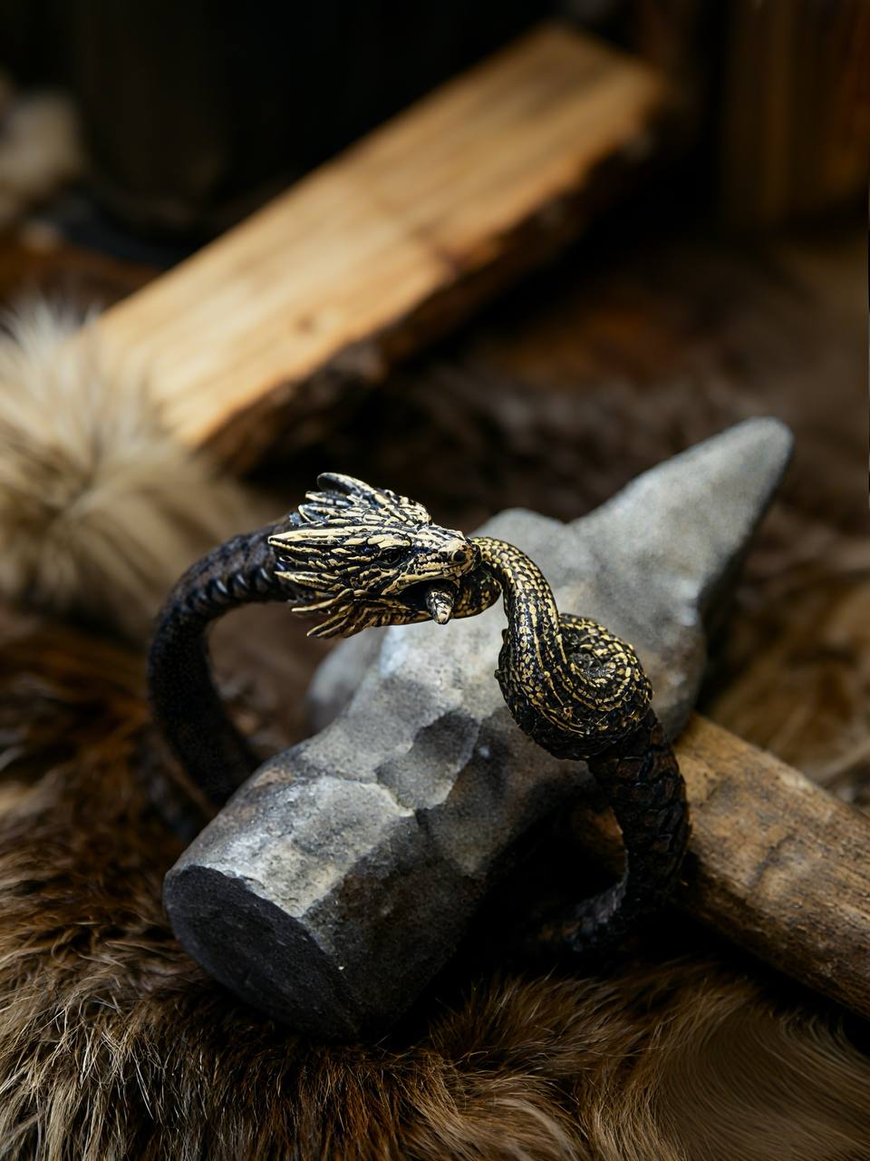 Jormungandr Bracelet, Natural Leather and Bronze