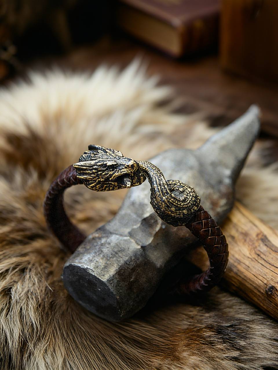 Jormungandr Bracelet, Natural Leather and Bronze