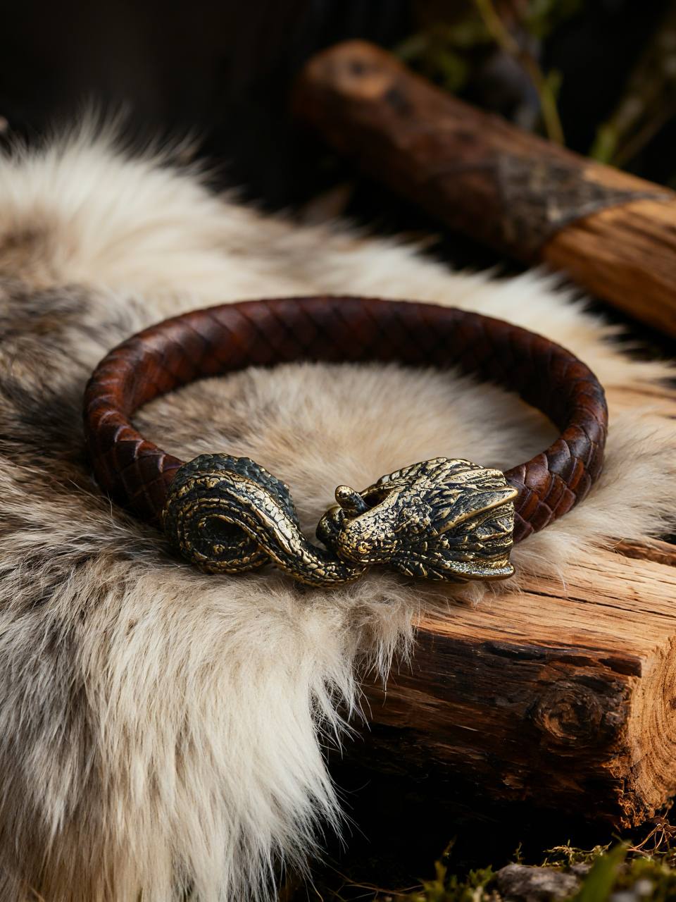 Jormungandr Bracelet, Natural Leather and Bronze