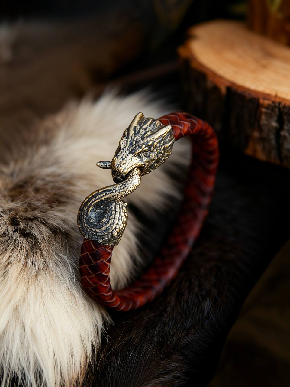 Jormungandr Bracelet, Natural Leather and Bronze