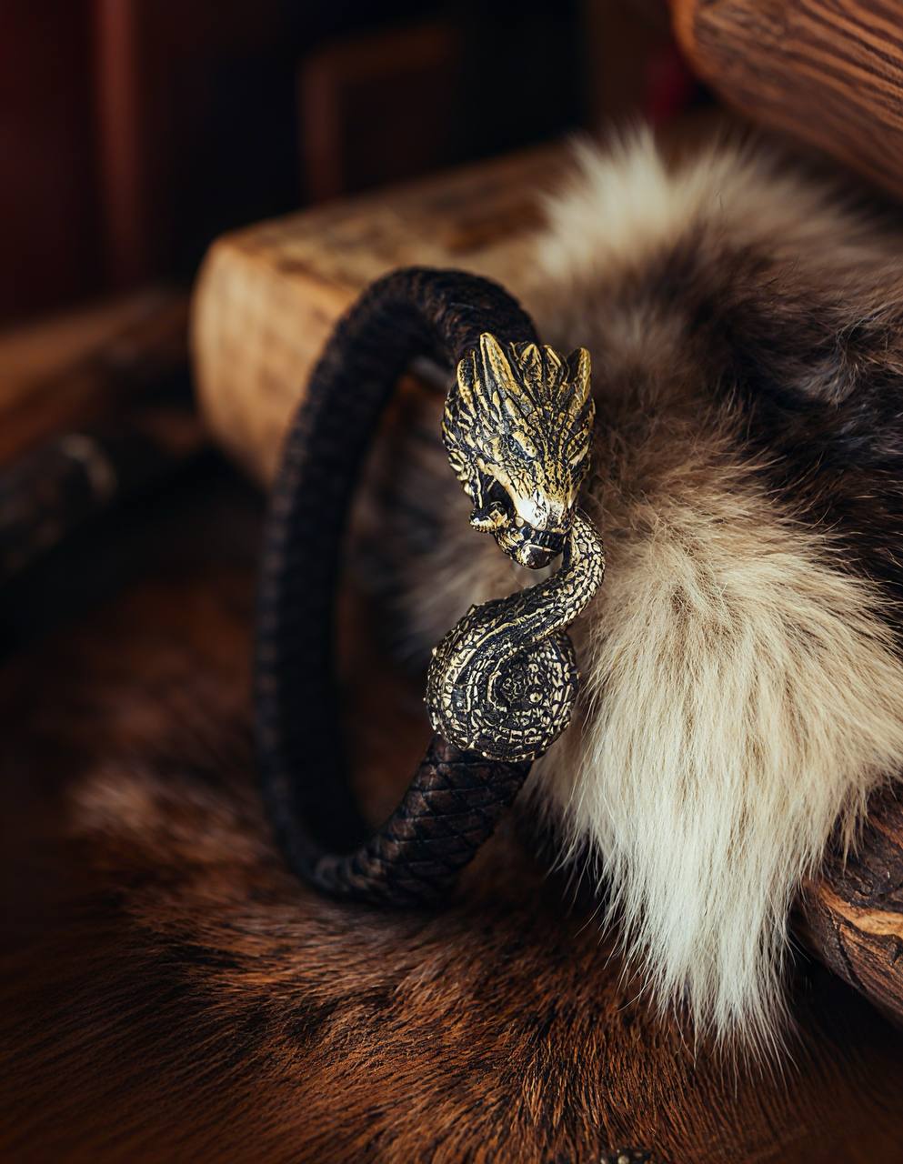 Jormungandr Bracelet, Natural Leather and Bronze