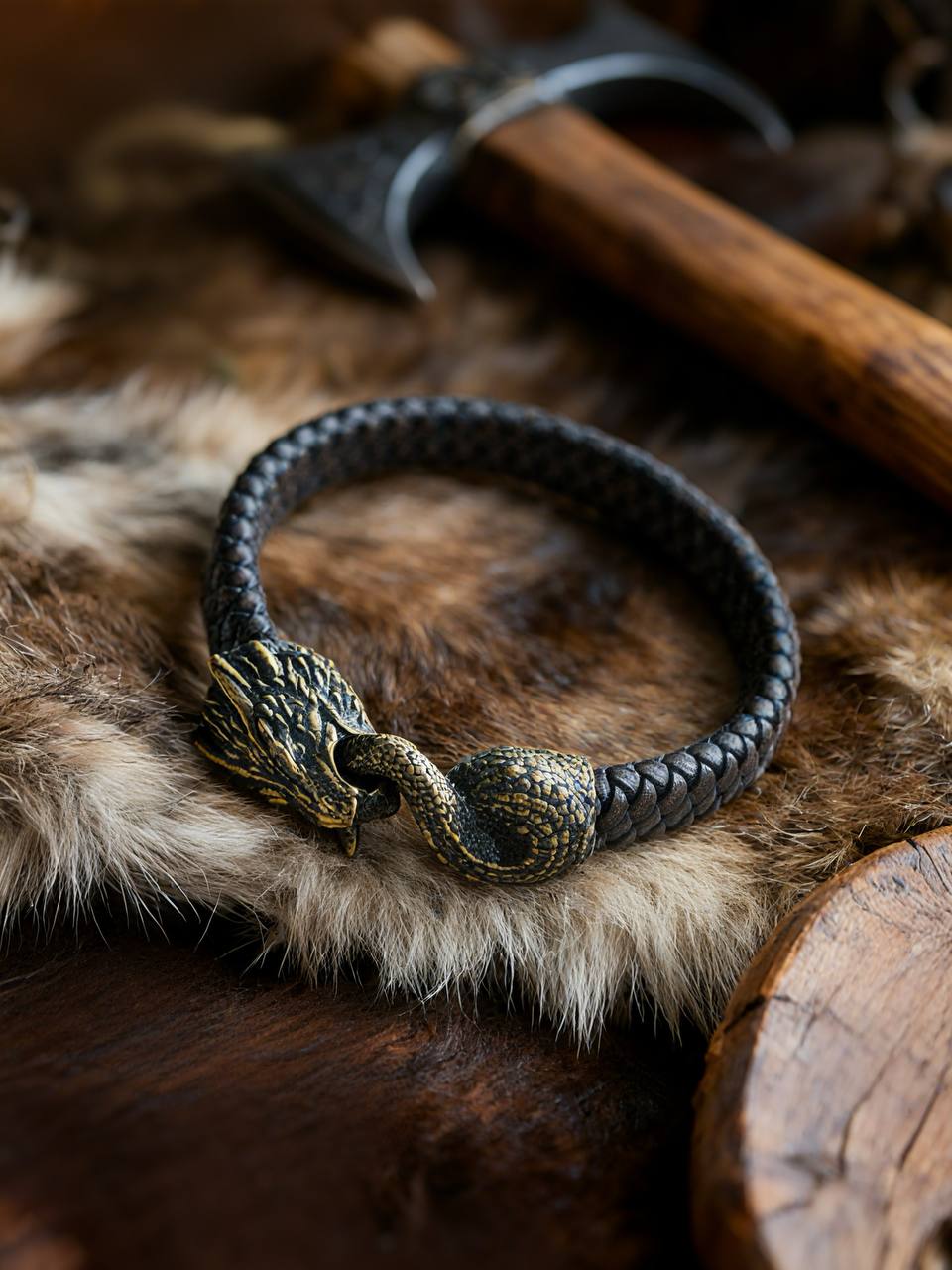 Jormungandr Bracelet, Natural Leather and Bronze